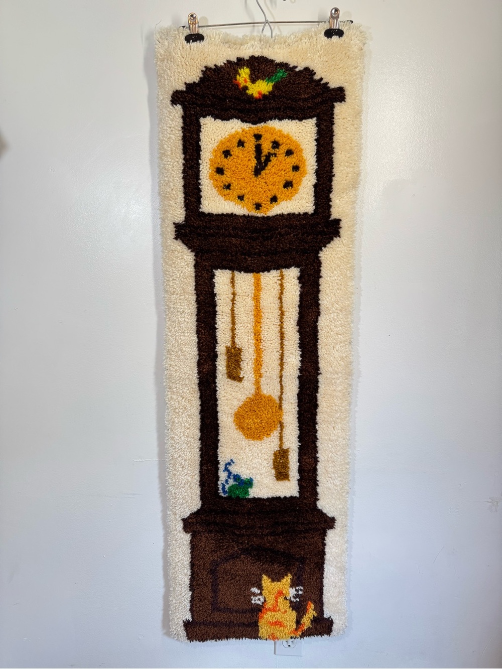 Vintage Latch Hook Wall Art Hanging Grandfather Clock & Cat